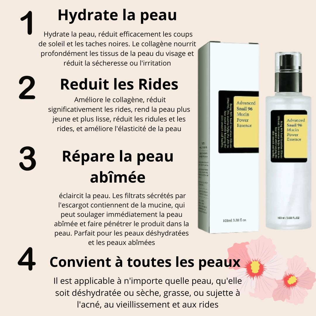 96 % Essence d'escargot, sérum réparateur de peau à l'acide hyaluronique